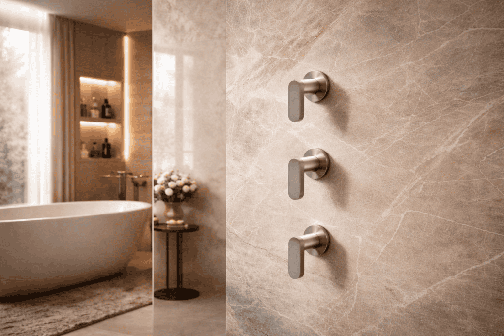 Moderne badkamer met vrijstaande badkuip en stijlvolle thermostaatkranen, luxe en comfort in een elegant interieur.