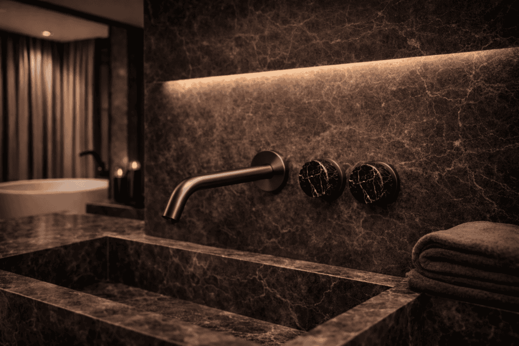 Luxe badkamer met marmeren wastafel en moderne kranen, perfect voor een stijlvolle en functionele badkamer inrichting.