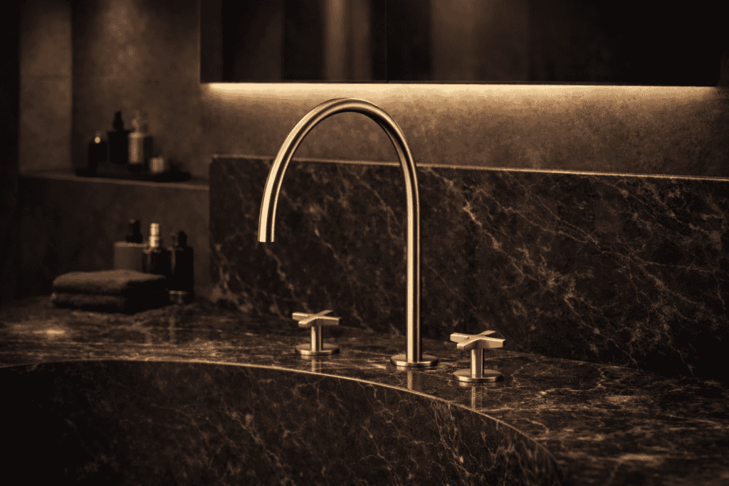 Luxe badkamer met marmeren wastafel en moderne kranen, stijlvolle en elegante badkamerinrichting, perfect voor een hoogwaardige badkamer renovatie of ontwerp.