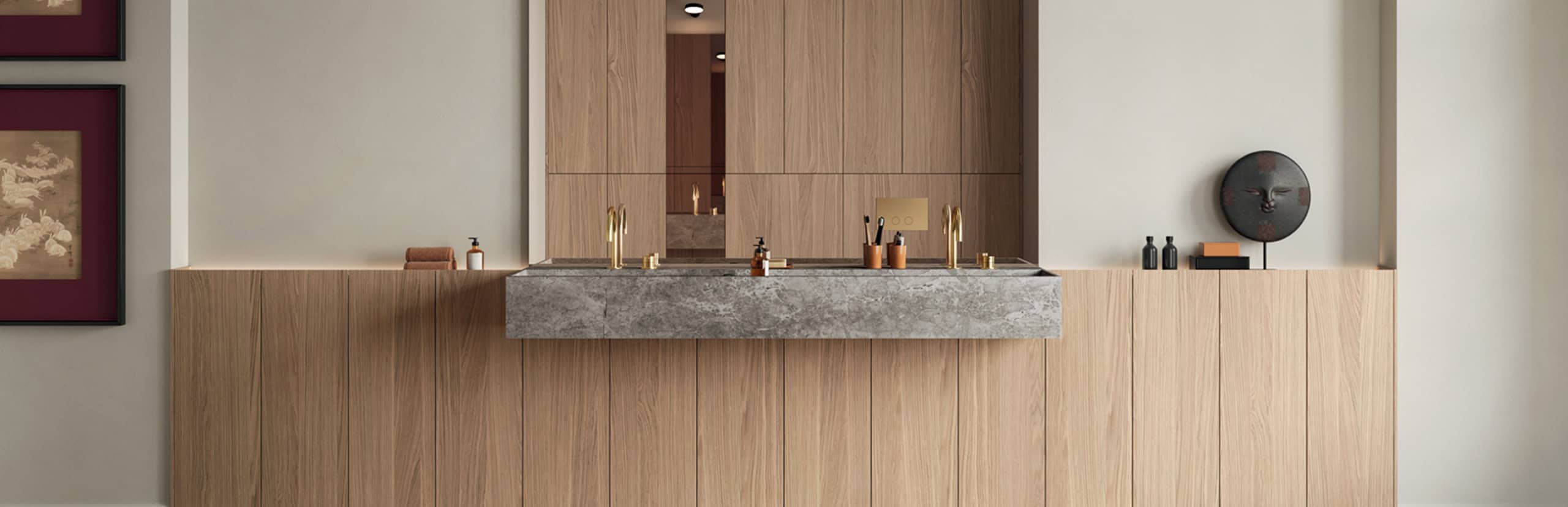 Moderne badkamer met houten wandpanelen en een betonnen wastafel, stijlvolle badkamermeubels, en accessoires voor een luxe badkamerinterieur.