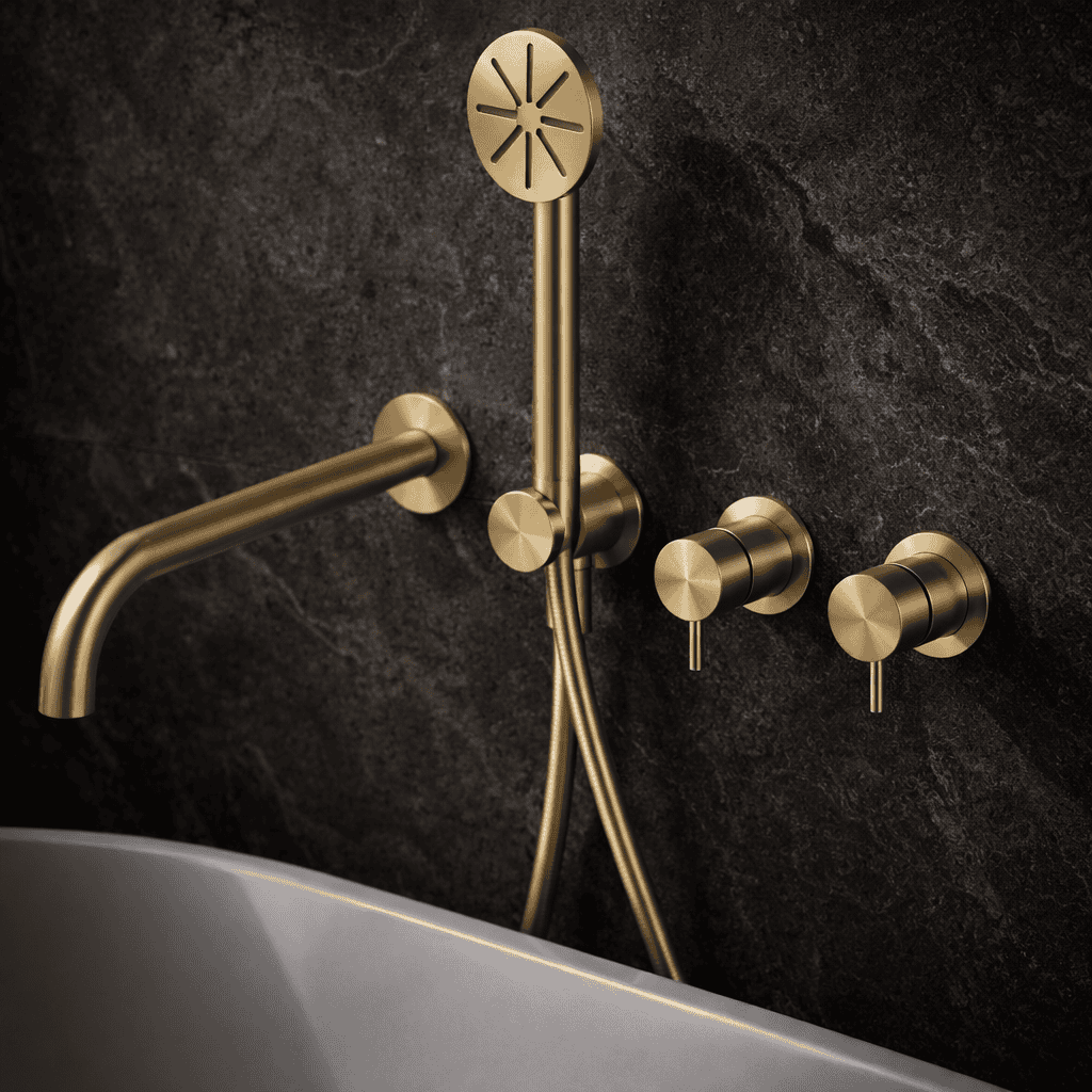 Luxe gouden badkraan en handdouche set met bijpassende kranen, modern badkameraccessoire, stijlvolle en duurzame badkamerinrichting, perfect voor een eigentijdse badkamer.