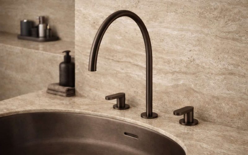 Moderne, zwarte keukenkraan met hoge uitloop en dubbele hendels, geplaatst boven een roestvrijstalen spoelbak in een luxe badkamer of keuken.
