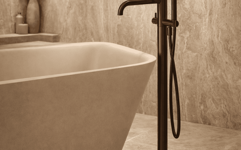 Luxe vrijstaand bad met moderne zwarte badkraan en handdouche in een stijlvolle badkamer, perfect voor ontspanning en design.