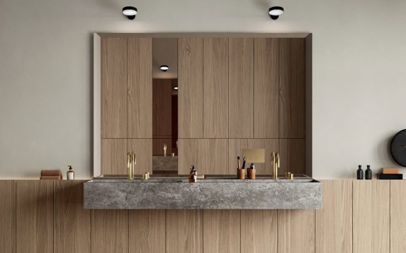 Vanochtend badkamermeubel met houten kast en grote spiegel, modern design, minimalistische stijl, natuurlijke materialen, badkamer inrichting, Vando badkamerproducten, stijlvolle badkameroplossingen.