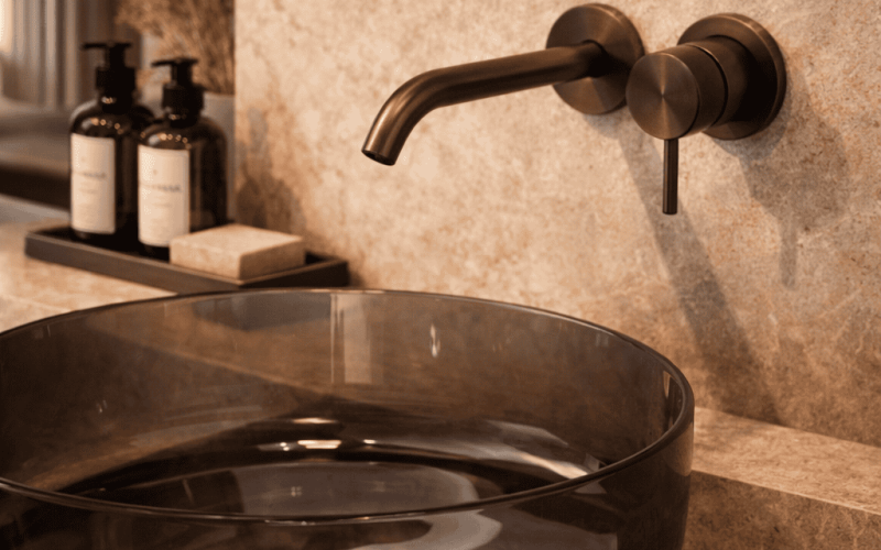 Vandobathrooms luxe zwarte waskom met wandkraan op een moderne badkamer met marmeren muur en accessoires voor een stijlvolle badkamer inrichting.