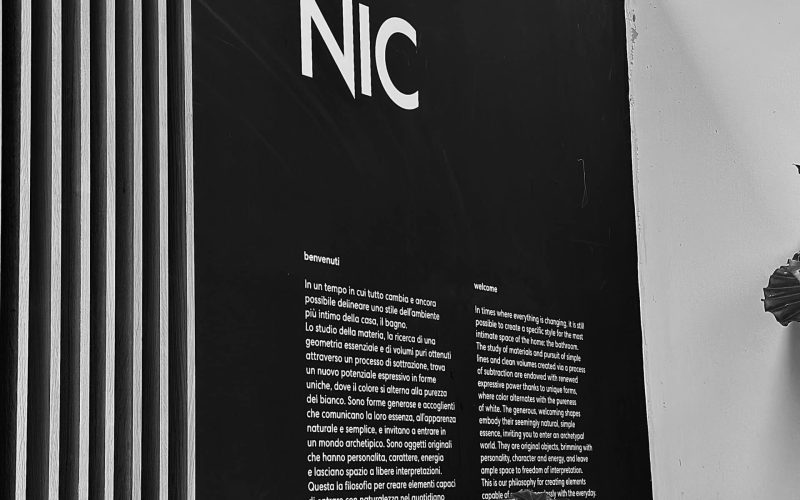 Moderne zwarte muur met wit NIC-logo en tekst, aangevuld met grote groene bladeren voor een stijlvolle en minimalistische badkamer- of interieurdecoratie.